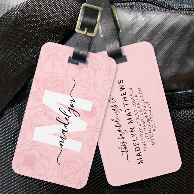  Rosa Flowers Monogram Namn Bagagebricka (Blush Pink Girly Flowers Monogram Name Luggage Tag)