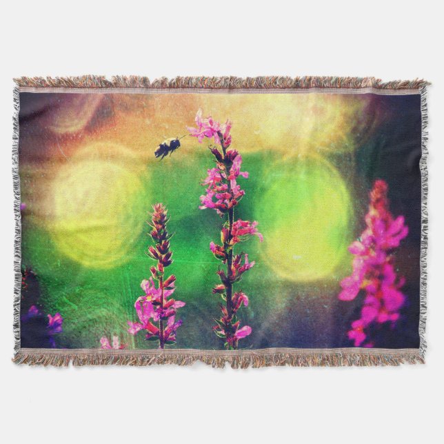 Rosa Flowers N Bee Ljus Throw Blanket Mysfilt (Framsidan)