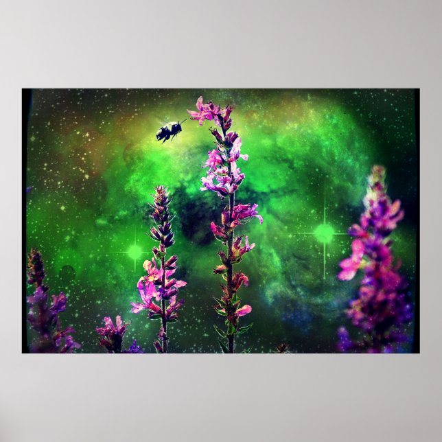 Rosa Flowers N Bee mot världen Poster (Framsidan)