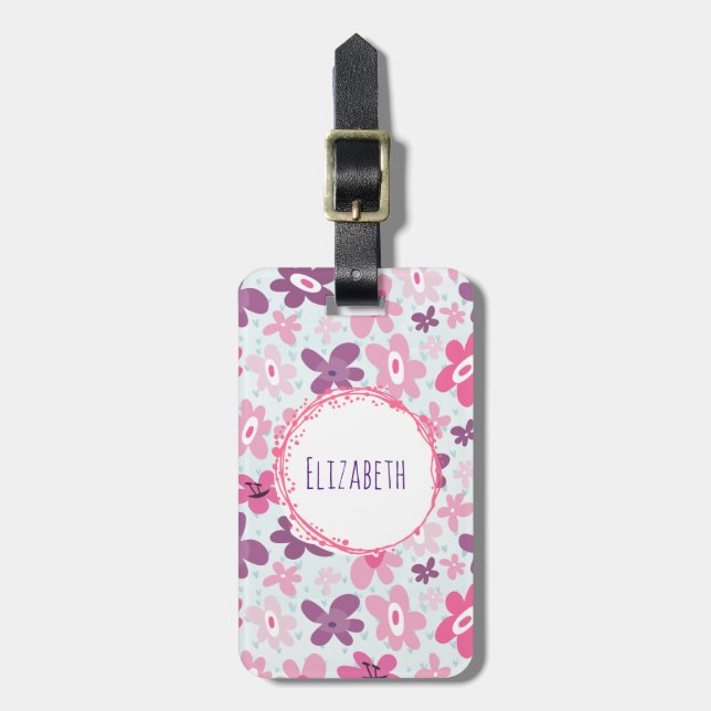 Rosa Flowers och Blue Hearts Cute Whimsiques Bagagebricka (Vertikal Framsida)