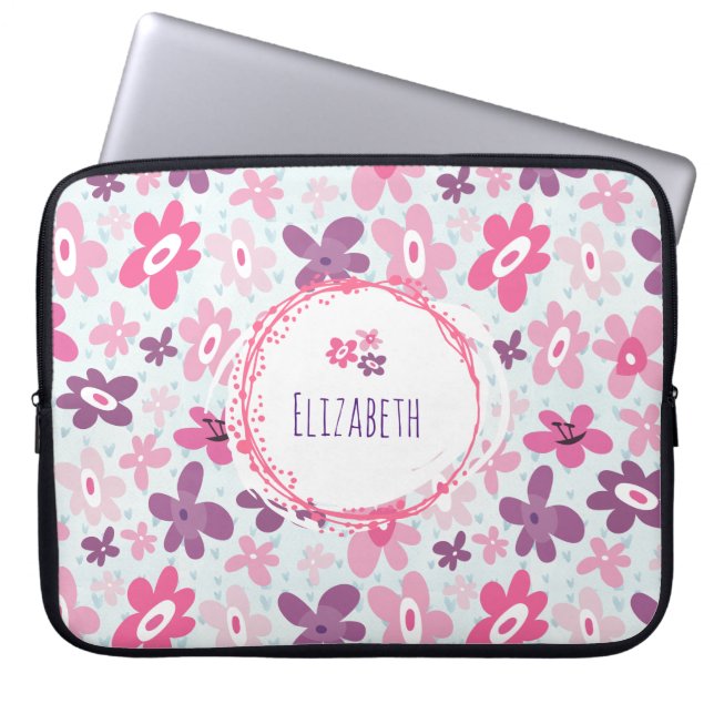 Rosa Flowers och Blue Hearts Cute Whimsiques Laptop Fodral (Framsidan)