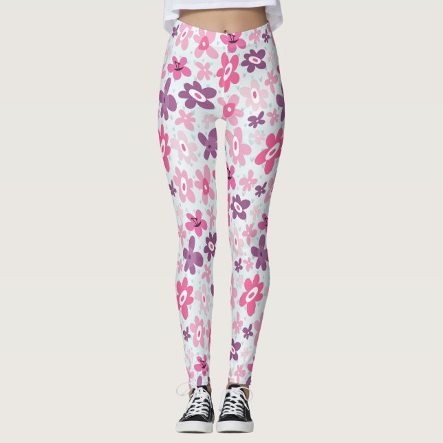 Rosa Flowers och Blue Hearts Cute Whimsiques Leggings (Framsida)