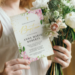  Rosa Flowers och Brutto Girl Baptism Inbjudningar