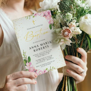  Rosa Flowers och Brutto Girl Baptism Inbjudningar