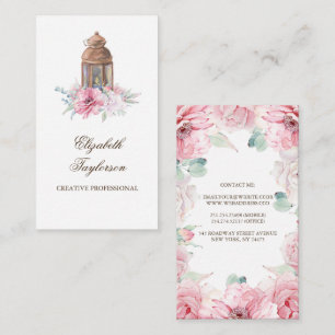 Rosa Flowers och Candle Lit Lantern Visitkort