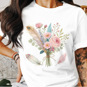 Rosa Flowers och Feathers T-Shirt