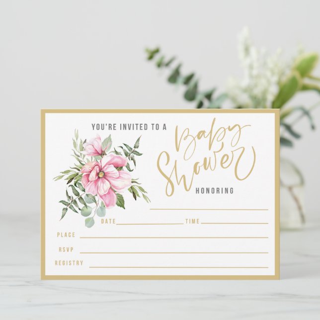 Rosa Flowers och Grey Baby Shower In Inbjudningar (Stående Fram)