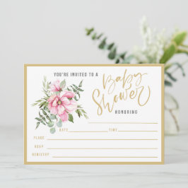 Rosa Flowers och Grey Baby Shower In Inbjudningar