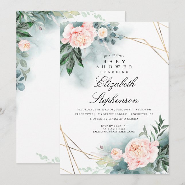 Rosa Flowers och Grey Elegant Baby Shower Inbjudningar (Fram/baksida)