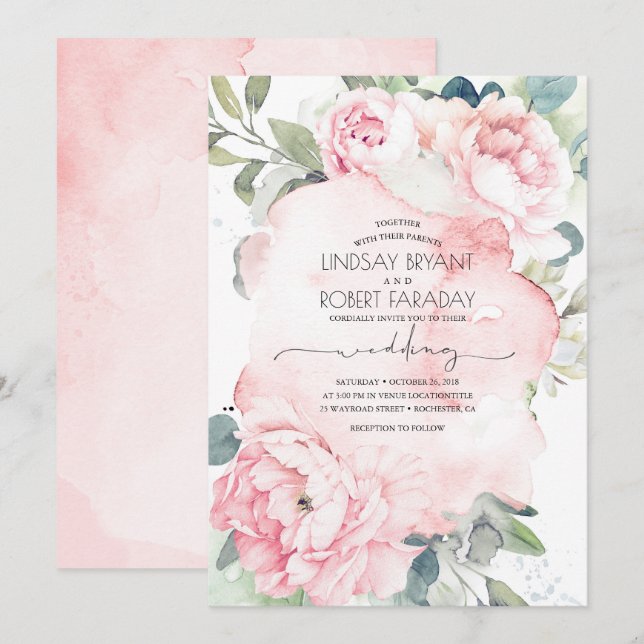Rosa Flowers och Grey Elegant Vintage bröllop Inbjudningar (Fram/baksida)