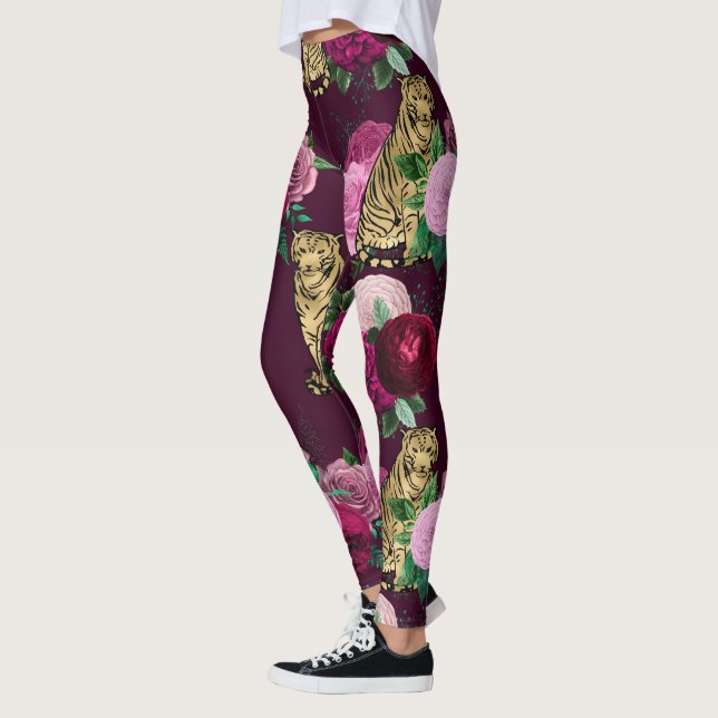 Rosa Flowers och Guld Big Cats Print Workout Leggings (Vänster)