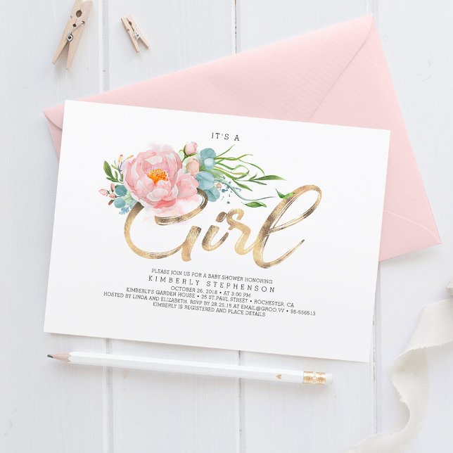 Rosa Flowers och Guld Glitter Modern Baby Shower Inbjudningar (Skapare uppladdad)
