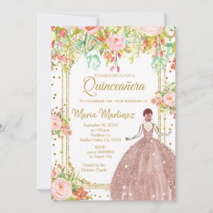 Rosa Flowers och Guld Glitter Quinceanera Inbjudningar