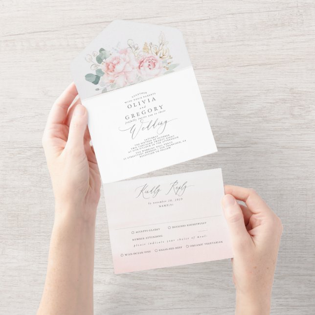 Rosa Flowers och Guld Greenery Elegant bröllop (Tearaway)