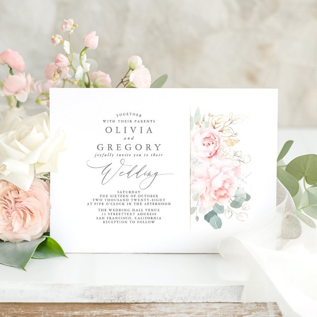 Rosa Flowers och Guld Greenery Elegant bröllop Inbjudningar (Pink Floral Wedding Invitation)