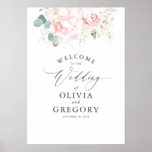 Rosa Flowers och Guld Greenery Elegant bröllop Poster