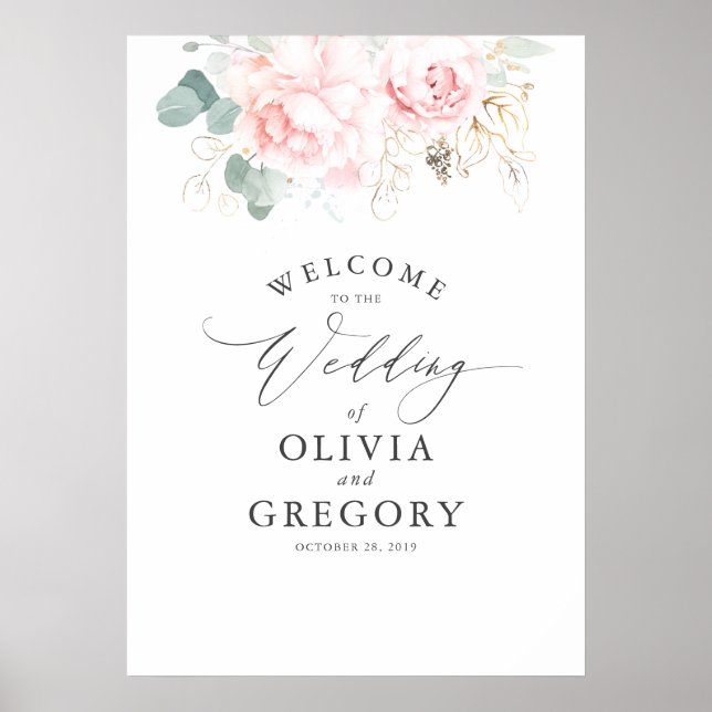 Rosa Flowers och Guld Greenery Elegant bröllop Poster (Framsidan)