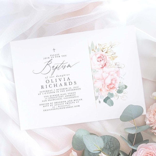 Rosa Flowers och Guld Grey Löv Baptism Inbjudningar (Pink Floral Elegant Baptism Invitations)