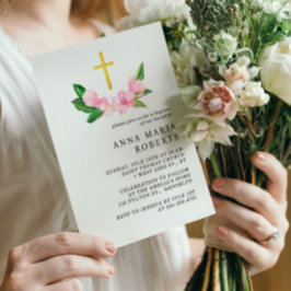 Rosa Flowers och Guld Gross Girl Baptism Inbjudningar
