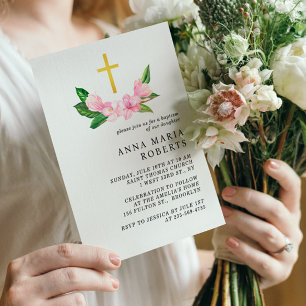 Rosa Flowers och Guld Gross Girl Baptism Inbjudningar