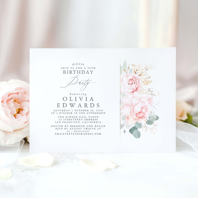 Rosa Flowers och Guld Löv Elegant Birthday Inbjudningar (Pink floral birthday invite)