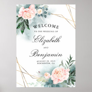 Rosa Flowers och Guld Ram Bröllop Välkomstskylt Poster