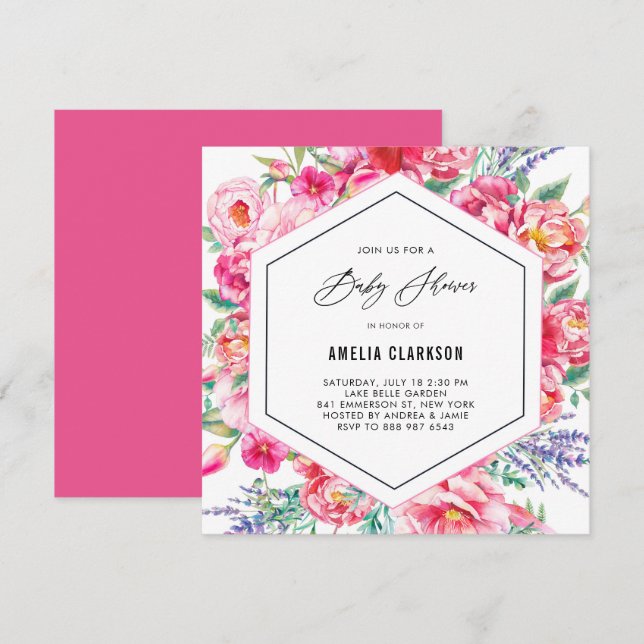 Rosa Flowers och Lavender Baby Shower Inbjudningar (Fram/baksida)