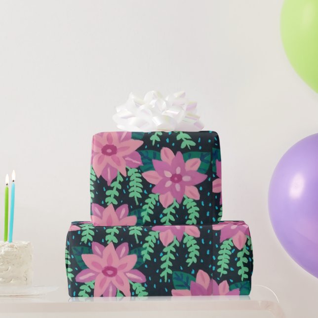 Rosa Flowers on Black Print Presentpapper (Festgåvor)