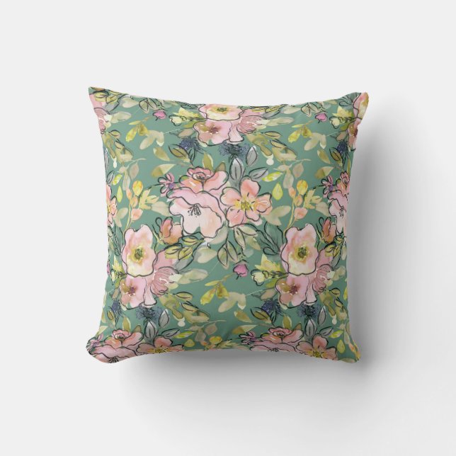 Rosa Flowers on Grönt Cushion, Blommigt Dekorativ  Kudde (Framsida)