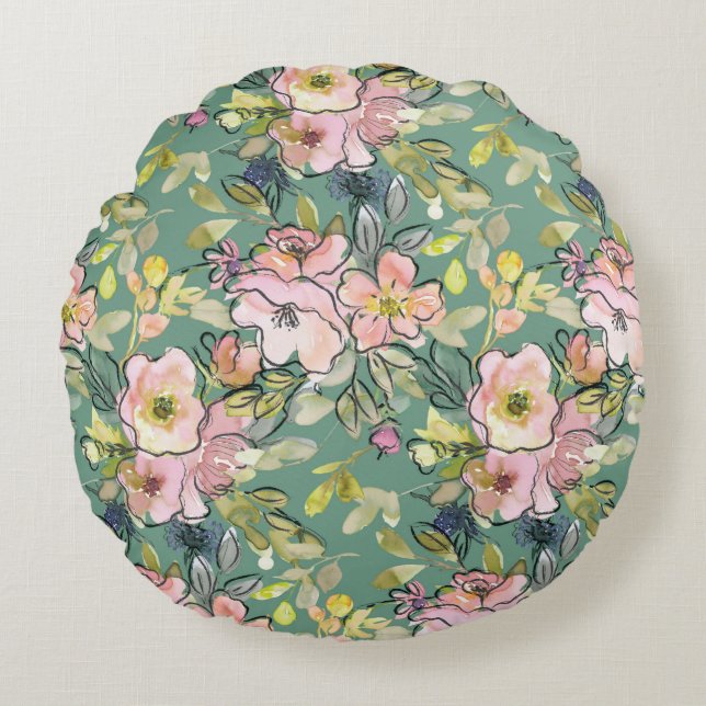 Rosa Flowers on Grönt Round Cushion | Charming Rund Kudde (Framsidan)