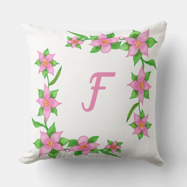 Rosa Flowers on Grönt Vine Monogram Pillows Kudde (Framsida)