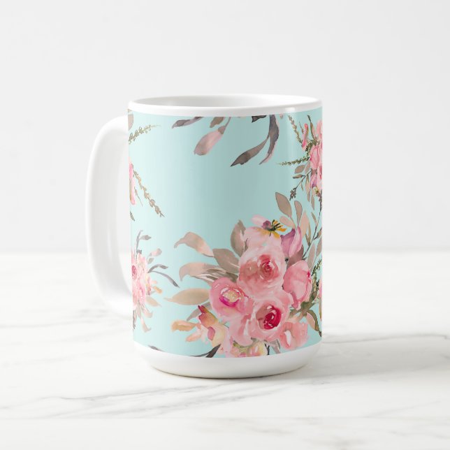  Rosa Flowers on Light Blue Kaffemugg (Framsida vänster)