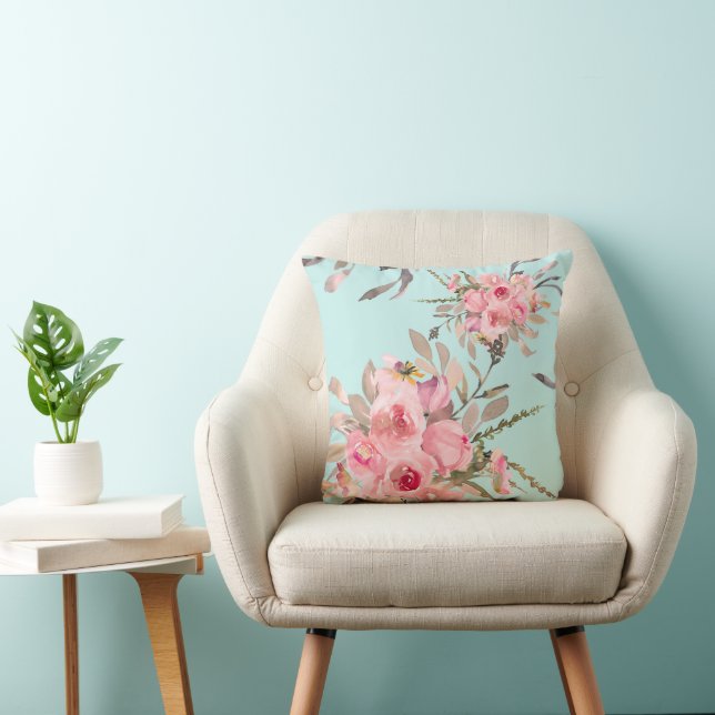  Rosa Flowers on Light Blue Kudde (Stol)