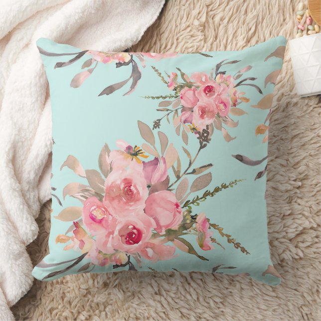  Rosa Flowers on Light Blue Kudde (Filt)