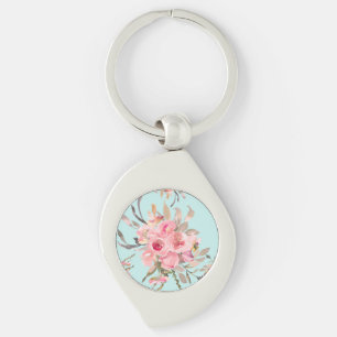 Rosa Flowers on Light Blue Swirl Silverfärgad Nyckelring