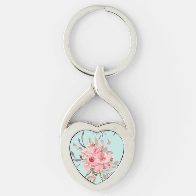  Rosa Flowers on Light Blue Twisted Heart Silverfärgad Nyckelring (Framsidan)