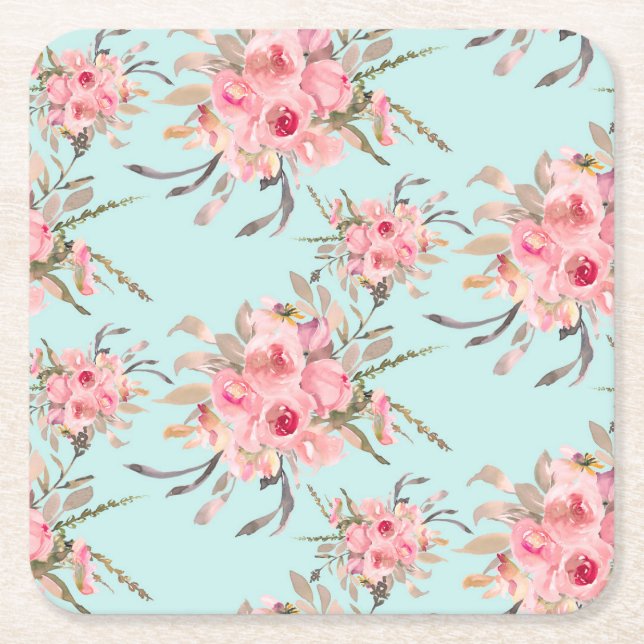  Rosa Flowers on Light Blue Underlägg Papper Kvadrat (Framsidan)