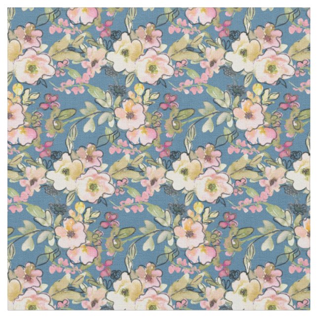 Rosa Flowers på Blue Fabric | Blommigtens utskrift Tyg (Närbild)