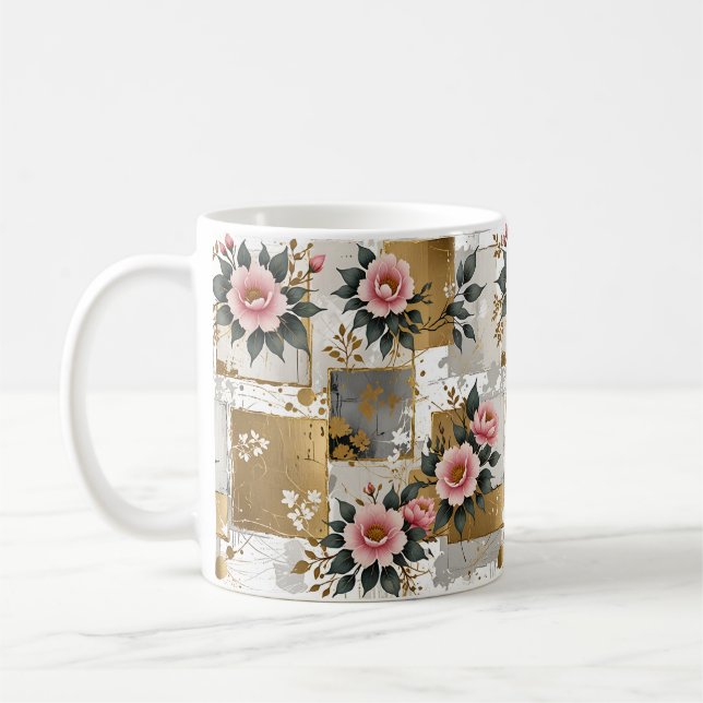 Rosa Flowers på Guld och vita fyrkanter Kaffemugg (Vänster)