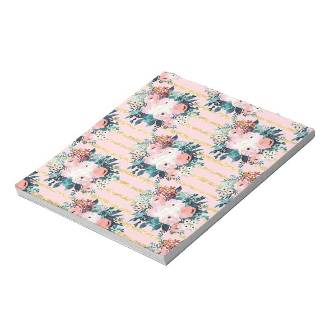 Rosa Flowers Paint Guld Rand Girly Design Anteckningsblock (Roterad)