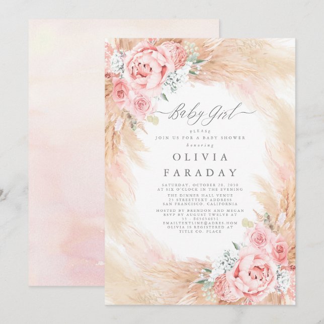  Rosa Flowers Pampas Grass Baby Shower Inbjudningar (Fram/baksida)