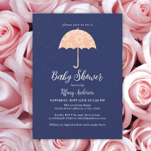 Rosa Flowers Parbrella Girl Baby Shower Inbjudningar