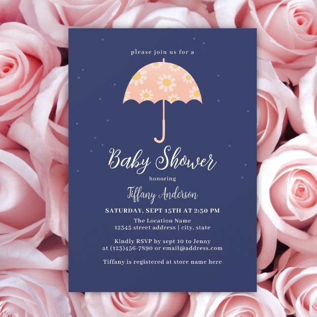 Rosa Flowers Parbrella Girl Baby Shower Inbjudningar (Skapare uppladdad)