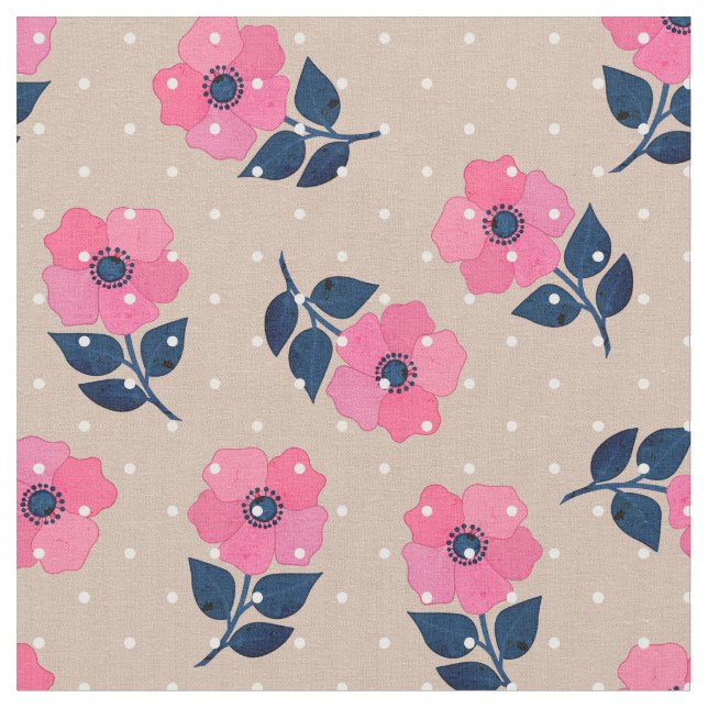 Rosa Flowers Polka dots Mönster Tyg (Närbild)