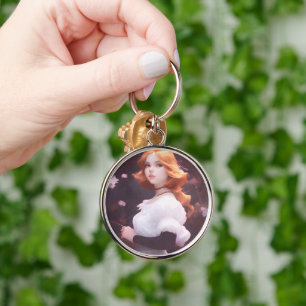 Rosa Flowers Porträtt Rund Silverfärgad Nyckelring