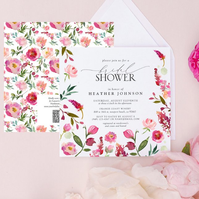 Rosa Flowers QR Code Watercolor Möhippa Inbjudningar (Bridal Shower Invitation)