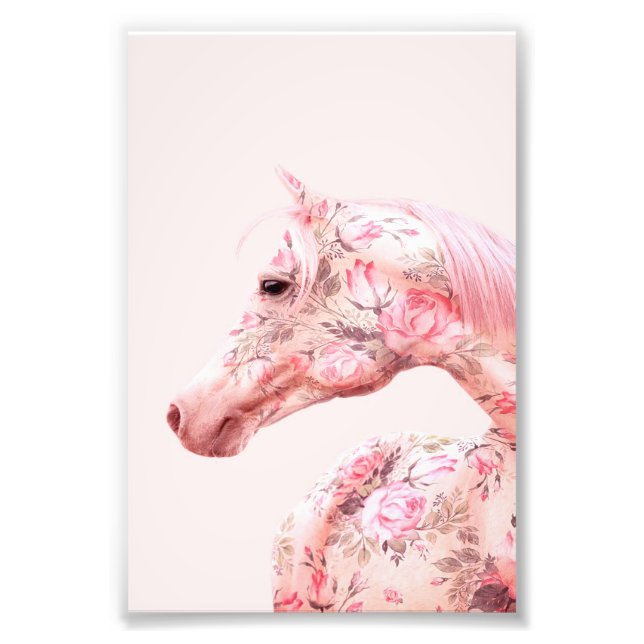 Rosa Flowers Riding Horse | Aesthetic Artwork Fototryck (Framsidan)