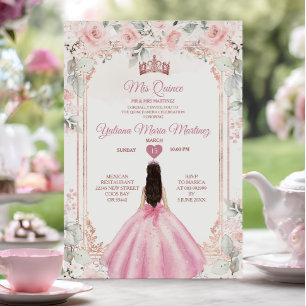 Rosa Flowers & Ro Guld Krona Mis Quince Inbjudningar