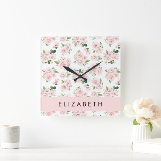 Rosa Flowers, Ro, Watercolor Flowers, ditt namn Fyrkantig Klocka (Hem)