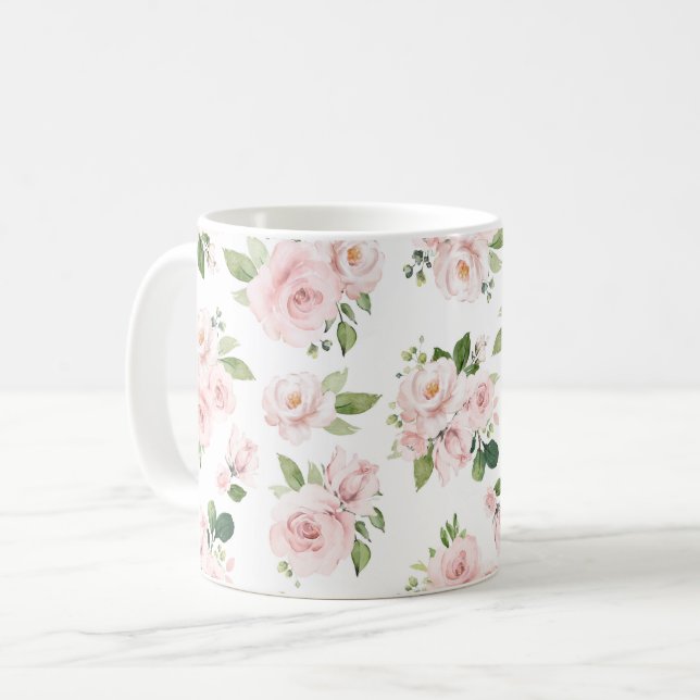 Rosa Flowers, Rosa ros, Watercolor Flowers Kaffemugg (Framsida vänster)